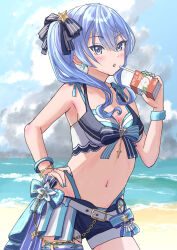 Rule 34 | 1girl, :o, absurdres, apple juice, beach, belt, bikini, bikini under shorts, blue bikini, blue nails, blue sky, blush, bow, bracelet, breasts, cloud, day, drinking straw, earrings, hair ornament, hair ribbon, hand on own hip, highres, hololive, hololive summer 2023 swimsuit, hoshimachi suisei, jewelry, juice, juice box, looking at viewer, navel, ocean, official alternate costume, open fly, outdoors, ribbon, short shorts, shorts, side ponytail, sky, small breasts, solo, star (symbol), star earrings, star hair ornament, star in eye, stomach, striped bikini, striped clothes, swimsuit, symbol in eye, virtual youtuber, white belt, yashipom