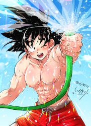 Rule 34 | 1boy, abs, bara, black hair, blush, dated, dragon ball, dragonball z, drawstring, highres, holding, holding hose, hose, large pectorals, looking at viewer, male focus, male swimwear, muscular, muscular male, navel, nipples, one eye closed, pectorals, red male swimwear, red swim trunks, saiyan, shipa, short hair, solo, son goku, spiked hair, spraying, swim trunks, topless male, water