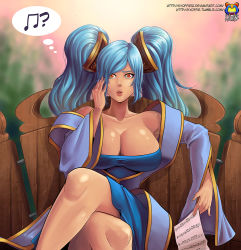 Rule 34 | 1girl, beamed quavers, blue dress, blue eyes, breasts, cleavage, dress, flat sign, huge breasts, kyoffie, league of legends, lips, musical note, musical note print, sheet music, solo, sona (league of legends), thought bubble, treble clef, twintails