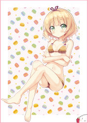 Rule 34 | 1girl, absurdres, bare legs, barefoot, blonde hair, blunt bangs, blush, border, bow, bow bra, bra, breasts, cleavage, closed mouth, collarbone, commentary request, crossed arms, crossed legs, embarrassed, food, fork, full body, gochuumon wa usagi desu ka?, green eyes, hairband, heart, highres, kirima syaro, looking at viewer, macaron, nanakusa (user rnpt7322), navel, outline, panties, pink border, polka dot, polka dot background, short hair, sidelocks, small breasts, solo, star (symbol), stomach, underwear, underwear only, white outline