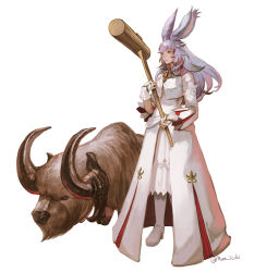 Rule 34 | 1girl, animal, animal ears, warrior of light (ff14), boots, cropped jacket, final fantasy, final fantasy xiv, fingerless gloves, full body, gloves, high heel boots, high heels, holding, holding mallet, long hair, long sleeves, mallet, muraicchi (momocchi), purple hair, rabbit ears, solo, standing, viera, white background, yellow eyes