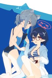 Rule 34 | animal ear fluff, animal ears, ayane (blue archive), ayane (swimsuit) (blue archive), bikini, bikini top only, black hair, blue archive, blue eyes, competition swimsuit, eka eri, extra ears, flower, glasses, grey hair, hair flower, hair ornament, halo, highres, jacket, medium hair, official alternate costume, one-piece swimsuit, pointy ears, ponytail, red-framed eyewear, shiroko (blue archive), shiroko (swimsuit) (blue archive), short hair, striped bikini, striped clothes, swimsuit, totemotsu rai, two-tone swimsuit, white jacket, wolf ears, yellow eyes