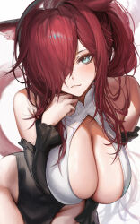 1girl :3 animal_ears warrior_of_light_(ff14) bare_shoulders black_dress black_sleeves blue_eyes breasts cleavage cleavage_cutout clenched_hand closed_mouth clothing_cutout commission covered_navel cyobiro detached_sleeves dress final_fantasy final_fantasy_xiv fox_ears fox_girl fox_tail frilled_sleeves frills hair_over_eyes hair_over_one_eye highres large_breasts leaning leaning_forward light_smile long_hair long_sleeves looking_at_viewer miqo&#039;te no_panties pelvic_curtain ponytail red_hair skeb_commission smile solo tail two-tone_dress upper_body white_dress