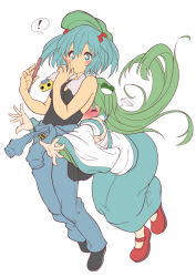 Rule 34 | 2girls, bad id, bad pixiv id, bare shoulders, blue eyes, blue hair, blush, breasts, closed eyes, clothes around waist, detached sleeves, dress, frog hair ornament, full-face blush, green hair, hair bobbles, hair ornament, hair tubes, highres, kawashiro nitori, kochiya sanae, long hair, looking at viewer, mary janes, multiple girls, outstretched arms, pants, screwdriver, shirokuma (nankyoku), shirt, shirt around waist, shoes, short hair, simple background, skirt, skirt set, snake hair ornament, surprised, tank top, touhou, towel, towel around neck, tripping, twintails, two side up, very long hair, white background