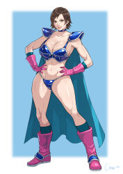 Rule 34 | 1girl, abs, absurdres, artist name, blue cape, blue choker, breasts, brown hair, cape, chi-chi (dragon ball), chi-chi (dragon ball) (cosplay), choker, cirenk, cleavage, collarbone, commission, cosplay, dragon ball, dragon ball (classic), full body, gloves, hands on own hips, highres, kazama asuka, large breasts, pink footwear, pink gloves, revealing clothes, short hair, solo, tekken, thighs, tomboy, toned