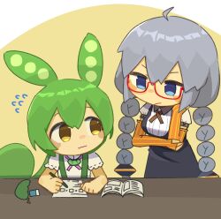 Rule 34 | 2girls, ahoge, bespectacled, black dress, blue eyes, blush stickers, book, braid, brooch, chibi, closed mouth, collared shirt, commentary request, cross tie, dress, elbow gloves, eraser, fingerless gloves, flying sweatdrops, frown, glasses, gloves, green hair, grey hair, hand on own chin, highres, holding, holding own arm, holding pencil, homework, jewelry, kizuna akari, konohoshi, long hair, looking at another, looking to the side, low ponytail, multiple girls, neck ribbon, nervous smile, open book, orange gloves, pea pod, pencil, pencil case, pink ribbon, puffy short sleeves, puffy sleeves, ribbed shirt, ribbon, semi-rimless eyewear, shirt, short sleeves, smile, suspenders, tutor, twin braids, two-tone background, v-shaped eyebrows, very long hair, vocaloid, voiceroid, voicevox, wavy mouth, white background, white shirt, yellow background, yellow eyes, zundamon