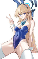 Rule 34 | 1girl, animal ears, aqua bow, aqua bowtie, arm support, bare shoulders, blonde hair, blue archive, blue eyes, blue hair, blue leotard, bow, bowtie, breasts, cameltoe, cleavage, cleft of venus, closed mouth, cloudy rain4, commentary, covered navel, detached collar, earpiece, earrings, fake animal ears, halo, hand up, highleg, highleg leotard, highres, jewelry, leotard, long hair, looking at viewer, medium breasts, multicolored hair, official alternate costume, playboy bunny, rabbit ears, simple background, single earring, sitting, solo, strapless, strapless leotard, streaked hair, stud earrings, thighhighs, toki (blue archive), toki (bunny) (blue archive), v, very long hair, white background, white thighhighs, white wrist cuffs, wrist cuffs