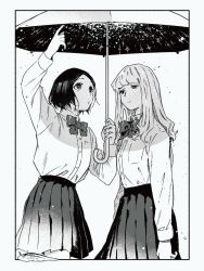 Rule 34 | 2girls, arms up, border, closed mouth, cowboy shot, goumoto, greyscale, highres, holding, holding umbrella, long hair, long sleeves, looking up, monochrome, multiple girls, neck ribbon, official art, pleated skirt, pointing, pointing up, rain, ribbon, shirt, shirt tucked in, short hair, skirt, slug, umbrella, utsumi aya, water drop, yano tsukiko, yoru to umi
