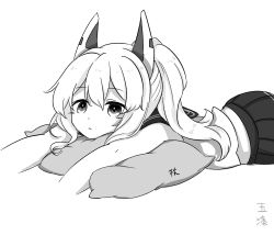 Rule 34 | 1girl, ayanami (azur lane), azur lane, bare shoulders, blush, closed mouth, greyscale, hair between eyes, headgear, high ponytail, highres, kanda (kvzs4332), long hair, looking at viewer, lying, monochrome, on stomach, outstretched arms, pillow, pleated skirt, ponytail, sailor collar, school uniform, serafuku, shirt, sidelocks, signature, simple background, skirt, sleeveless, sleeveless shirt, solo, white background