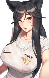 Rule 34 | 1girl, ahri (league of legends), animal ears, black hair, blush, breasts, collarbone, commentary, covered erect nipples, english commentary, eyelashes, facial mark, foreshortening, fox ears, hair between eyes, head tilt, highres, jersey, large breasts, league of legends, lips, long hair, looking at viewer, milfxxxiii, mole, mole under eye, nike (company), open mouth, orange eyes, parted bangs, puffy nipples, reaching, reaching towards viewer, selfie, shirt, short sleeves, simple background, t1 (esports), slit pupils, solo, straight hair, tight clothes, tight shirt, tongue, tsurime, upper body, whisker markings, white background, white shirt