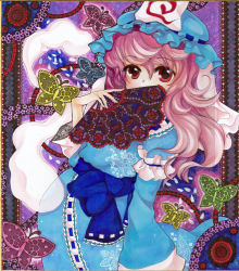 Rule 34 | 1girl, alternate hairstyle, bug, butterfly, covering own mouth, female focus, folding fan, hand fan, insect, japanese clothes, kimono, long hair, looking at viewer, marker (medium), mosho, pink hair, red eyes, saigyouji yuyuko, shikishi, solo, touhou, traditional media