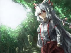Rule 34 | 1girl, armband, bad id, bad pixiv id, bow, dappled sunlight, dutch angle, expressionless, fujiwara no mokou, grave, hair bow, hands in pockets, highres, juliet sleeves, light rays, long hair, long sleeves, looking at viewer, pants, puffy sleeves, red eyes, silver hair, sketch, solo, sunbeam, sunlight, suspenders, thkani, touhou