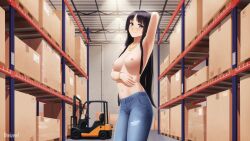 Rule 34 | 1girl, absurdres, akiyama mio, alternate breast size, arm up, armpits, artist name, black eyes, black hair, blue pants, box, bracelet, breasts, cardboard box, commission, denim, dreizerel, forklift, highres, hime cut, indoors, jeans, jewelry, k-on!, long hair, looking at viewer, motor vehicle, necklace, nipples, pants, sidelocks, small breasts, solo, standing, topless, warehouse, watermark