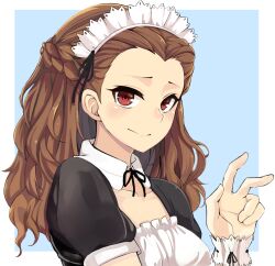 Rule 34 | 1girl, black dress, black ribbon, blue background, blush, border, braid, breasts, brown hair, closed mouth, collar, collarbone, detached collar, dress, forehead, from side, hand up, idashige (walkietalkie), idolmaster, idolmaster cinderella girls, idolmaster cinderella girls starlight stage, long hair, looking at viewer, maid, maid headdress, neck ribbon, outside border, portrait, puffy short sleeves, puffy sleeves, red eyes, ribbon, scrunchie, seki hiromi, short sleeves, simple background, small breasts, smile, solo, w, wavy hair, white border, white collar, white headdress, white scrunchie, wrist scrunchie