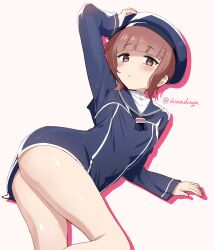 1girl absurdres anchor ass blue_eyes blush brown_eyes brown_hair clothes_writing dress hat highres kantai_collection liking long_sleeves lying microdress military_hat peaked_cap pink_background sailor_collar sailor_dress sailor_hat short_dress short_hair solo z3_max_schultz_(kancolle)