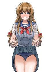 Rule 34 | 1girl, absurdres, blue eyes, blue one-piece swimsuit, blue sailor collar, blue skirt, blush, bow, braid, breasts, brown hair, cleavage, clothes lift, collarbone, commentary, cowboy shot, dot nose, flying sweatdrops, grin, hair bow, hair ribbon, highres, idolmaster, idolmaster million live!, idolmaster million live! theater days, kousaka umi, long hair, looking at viewer, medium breasts, messy hair, neckerchief, one-piece swimsuit, pdal (pdalhhh), pleated skirt, red neckerchief, red ribbon, ribbon, sailor collar, school uniform, see-through, serafuku, shirt, short sleeves, shy, simple background, skirt, skirt lift, smile, solo, standing, sweat, swimsuit, twin braids, wet, wet clothes, white background, white shirt
