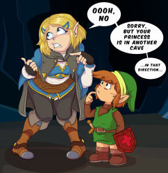 Rule 34 | 1boy, 1girl, annoyed, belt, bent over, blonde hair, blue eyes, boots, braid, breasts, cave, comic, confused, elf, frown, gloves, hat, height difference, highres, link, nintendo, pointing, pointy ears, princess zelda, shield, sidelocks, speech bubble, sword, talking, the legend of zelda, the legend of zelda: breath of the wild, the legend of zelda: tears of the kingdom, the legend of zelda (nes), tunic, weapon