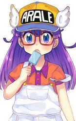 Rule 34 | 1girl, :o, blue eyes, clothes writing, dr. slump, eating, food, glasses, highres, holding, kurono nekomaru, long hair, looking at viewer, norimaki arale, off shoulder, open mouth, overalls, popsicle, purple hair, short sleeves, simple background, solo, strap slip, upper body, white background, winged hat