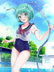 Rule 34 | 1girl, absurdres, alternate costume, antennae, black one-piece swimsuit, black sailor collar, blue sky, blush, cloud, commentary request, green eyes, green hair, highres, holding, holding hose, hose, muki (munikichan), one-piece swimsuit, open mouth, outdoors, sailor collar, shirt, short sleeves, sky, solo, swimsuit, touhou, water, white shirt, wriggle nightbug