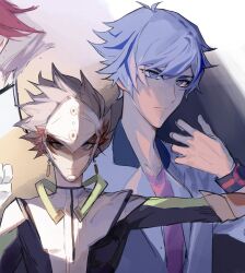 Rule 34 | 2boys, arm up, assault visor, bad id, bad lofter id, black wristband, blue eyes, blue hair, bodysuit, bright pupils, bullet, clenched hand, dangle earrings, dual persona, earrings, expressionless, grey hair, hand up, highres, jacket, jewelry, kogami ryoken, looking at viewer, male focus, multicolored hair, multiple boys, naoki (2rzmcaizerails6), outstretched arm, pink shirt, red hair, revolver (yu-gi-oh!), shirt, short hair, spiked hair, streaked hair, upper body, white jacket, yu-gi-oh!, yu-gi-oh! vrains