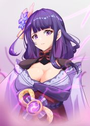 Rule 34 | 1girl, absurdres, breasts, cleavage, commentary, electricity, english commentary, flower, genshin impact, hair ornament, highres, japanese clothes, kimono, large breasts, long hair, looking at viewer, mole, mole under eye, open mouth, parted lips, purple eyes, purple flower, purple hair, raiden shogun, reulem, ribbon, sash, simple background, solo, white background