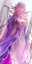 Rule 34 | 1girl, bibi dong (douluo dalu), blue sky, breasts, closed mouth, crown, douluo dalu, dress, empress, gem, highres, long hair, long sleeves, mature female, medium breasts, painting (medium), purple dress, purple eyes, purple hair, red gemstone, second-party source, shoulder guard, sky, solo, traditional media, upper body, xhs koushui zaizai