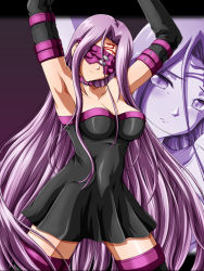 Rule 34 | 00s, 1girl, armpits, bare shoulders, blindfold, breasts, cleavage, collar, detached sleeves, dress, elbow gloves, fate/hollow ataraxia, fate/stay night, fate (series), gloves, long hair, medusa (fate), medusa (rider) (fate), pink hair, solo, square pupils, strapless, strapless dress, tanan, thighhighs, very long hair, zettai ryouiki