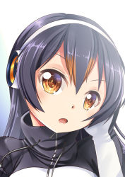 Rule 34 | 10s, 1girl, :o, black hair, brown eyes, commentary request, dot nose, drawstring, gentoo penguin (kemono friends), hair between eyes, hand on own cheek, hand on own face, head tilt, headphones, highres, jacket, kemono friends, long hair, looking at viewer, multicolored hair, open mouth, orange hair, portrait, solo, yasume yukito