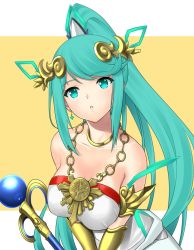 Rule 34 | 1girl, ancient greek clothes, bare shoulders, blush, breasts, chiton, cosplay, dolling60883582, dollinger, dress, green eyes, green hair, hair ornament, highres, jewelry, kid icarus, kid icarus uprising, large breasts, long hair, looking at viewer, matching hair/eyes, nintendo, palutena, palutena (cosplay), pneuma (xenoblade), ponytail, simple background, smile, solo, spoilers, staff, super smash bros., swept bangs, xenoblade chronicles (series), xenoblade chronicles 2