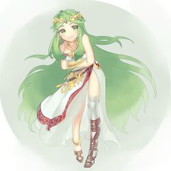 Rule 34 | 1girl, ancient greek clothes, bare shoulders, breasts, chiton, commentary request, forehead jewel, full body, green eyes, green hair, grey background, jewelry, kid icarus, kid icarus uprising, laiku n, long hair, looking at viewer, medium breasts, nintendo, palutena, pendant, single thighhigh, sketch, smile, solo, thighhighs, very long hair