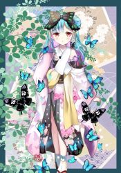 Rule 34 | 1girl, :o, animal, bare shoulders, black bow, black footwear, blue hair, blush, border, bow, bug, butterfly, feet out of frame, full body, hair bow, hair bun, hand up, hololive, insect, japanese clothes, kimono, long sleeves, looking at viewer, lunacats, multicolored hair, off shoulder, outside border, parted lips, pink hair, sandals, side bun, single hair bun, single side bun, sleeves past wrists, socks, solo, standing, tabi, two-tone hair, uruha rushia, uruha rushia (new year), virtual youtuber, white kimono, white socks, wide sleeves, zouri