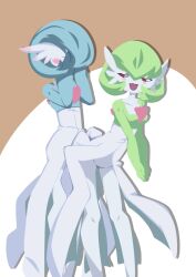 2girls :3 alternate_color arched_back blue_hair blue_skin blush bob_cut breasts brown_background closed_eyes collarbone colored_skin covering_own_eyes creatures_(company) drop_shadow dry_humping ear_blush embarrassed female_focus flat_chest game_freak gardevoir gen_3_pokemon green_hair green_skin groin hair_between_eyes half-closed_eyes hands_up happy humping leaning_forward legs looking_at_another looking_back mikesi_quan multicolored_skin multiple_girls nintendo no_lineart open_mouth own_hands_together pokemon pokemon_(creature) red_eyes shiny_and_normal shiny_pokemon short_hair simple_background small_breasts smile standing thighs two-tone_background two-tone_skin v_arms white_skin