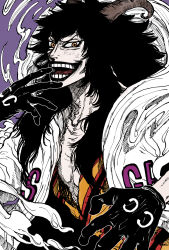 Rule 34 | 1boy, black gloves, black hair, brown horns, caesar clown, colored skin, curled horns, demon horns, evil smile, gas, gloves, grey skin, highres, horns, initial, kumoashif, lab coat, long hair, mad scientist, male focus, one piece, open mouth, smile, solo, teeth, upper body, yellow eyes