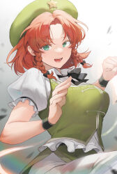 Rule 34 | 1girl, :d, absurdres, alternate hair length, alternate hairstyle, beret, black ribbon, black wristband, braid, breasts, clenched hand, fighting stance, frilled shirt, frills, green eyes, green hat, green skirt, green vest, hat, highres, hong meiling, medium breasts, medium hair, neck ribbon, open mouth, pants, parted bangs, puffy short sleeves, puffy sleeves, red hair, revision, ribbon, sarukana, shirt, short sleeves, skirt, smile, solo, touhou, twin braids, underpants, upper body, vest, white pants, white shirt