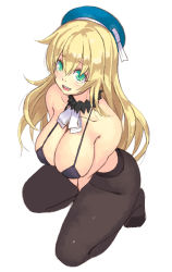 Rule 34 | 10s, 1girl, atago (kancolle), bikini, bikini top only, black bikini, blonde hair, breasts, cleavage, full body, green eyes, hat, kantai collection, large breasts, long hair, looking at viewer, open mouth, pantyhose, simple background, sketch, smile, solo, squatting, swimsuit, white background, yuuji (and)