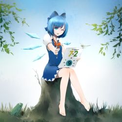 Rule 34 | circled 9, 1girl, barefoot, blue dress, blue eyes, blue hair, bow, bug, cirno, dragonfly, drawing, dress, frog, grass, hair bow, holding, holding pencil, ice, ice wings, bug, knees together feet apart, looking at viewer, matching hair/eyes, non-web source, one eye closed, outstretched arm, pencil, short dress, sitting, solo, stomping, touhou, tree stump, wings