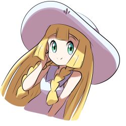 Rule 34 | 1girl, bare arms, blonde hair, blunt bangs, blush, braid, closed mouth, commentary request, creatures (company), dress, eyelashes, game freak, green eyes, hand up, hat, highres, lillie (pokemon), looking at viewer, nintendo, pokemon, pokemon sm, saon101, sleeveless, sleeveless dress, smile, solo, split mouth, sun hat, twin braids, upper body, white background, white hat