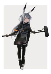Rule 34 | 1girl, animal ears, arknights, black cloak, black coat, black footwear, black pantyhose, blue eyes, bodystocking, boots, breasts, cloak, coat, commentary, eyelashes, grey background, hair between eyes, hammer, highres, long hair, looking at viewer, marble (marblesized), medium breasts, name tag, open mouth, pantyhose, parted bangs, rabbit ears, savage (arknights), short twintails, silver hair, simple background, sledgehammer, smile, solo, standing, thigh boots, thighhighs, twintails