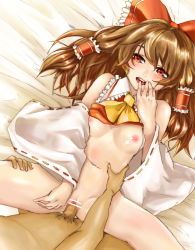 Rule 34 | 1girl, artist request, ascot, bad id, bad pixiv id, blush, bottomless, bow, breasts, brown hair, censored, clothes lift, detached sleeves, hair bow, hakurei reimu, navel, nipples, no bra, penis, pussy, red eyes, sex, shirt lift, short hair, small breasts, solo focus, spread legs, takumo (neta), touhou, vaginal