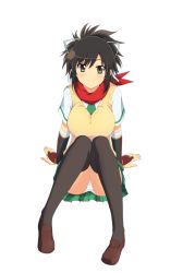 Rule 34 | 10s, 1girl, arm support, armor, asuka (senran kagura), black hair, blush, breasts, brown eyes, closed mouth, full body, green necktie, green skirt, hair ribbon, japanese armor, knees together feet apart, kote, large breasts, looking at viewer, miniskirt, mokkei, necktie, panties, pantyshot, plaid, plaid skirt, ponytail, red scarf, ribbon, scarf, school uniform, senran kagura, short hair, short sleeves, sitting, skirt, smile, solo, sweater vest, underwear, white background, white panties, white ribbon