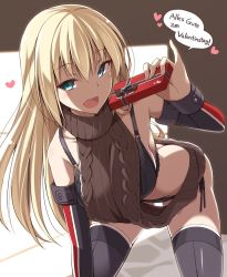 Rule 34 | 10s, 1girl, :d, all fours, aran sweater, arched back, backless dress, backless outfit, bare shoulders, bent over, bismarck (kancolle), black bra, black panties, black ribbon, black thighhighs, blonde hair, blue eyes, blush, box, bra, breasts, brown sweater, butt crack, cable knit, cross, detached sleeves, dress, german text, gift, gift box, hair between eyes, halterneck, heart, holding, holding gift, iron cross, kantai collection, large breasts, legs apart, long hair, long sleeves, looking at viewer, medium breasts, meme attire, ohta yuichi, on bed, open mouth, panties, ribbed sweater, ribbon, side-tie panties, sideboob, sleeveless, sleeveless turtleneck, smile, solo, speech bubble, standing, straight hair, sweater, sweater dress, talking, thighhighs, translated, turtleneck, turtleneck sweater, underwear, valentine, very long hair, virgin killer sweater