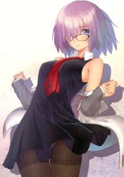 Rule 34 | 1girl, absurdres, bare shoulders, black-framed eyewear, blush, breasts, closed mouth, cowboy shot, dress, fate/grand order, fate (series), fingernails, glasses, hair over one eye, highres, jacket, looking at viewer, mash kyrielight, medium breasts, necktie, off shoulder, open clothes, open jacket, panties, panties under pantyhose, pantyhose, pink hair, purple eyes, red necktie, scan, shadow, shiny skin, short dress, short hair, simple background, sleeveless, sleeveless dress, smile, solo, standing, tony taka, underwear