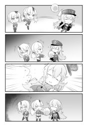 Rule 34 | 3girls, 4koma, :d, ^ ^, azur lane, ball, breasts, cape, character request, chibi, cleavage, closed eyes, coat, comic, commentary request, crossed bangs, flying sweatdrops, graf zeppelin (azur lane), greyscale, grin, hair ornament, hat, laughing, long hair, midriff, military, military hat, military uniform, monochrome, multiple girls, navel, open mouth, pantyhose, short hair, silent comic, siren (azur lane), skirt, smile, smirk, steed (steed enterprise), throwing, twintails, uniform