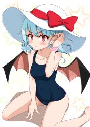 1girl absurdres barefoot bat_wings between_legs blue_one-piece_swimsuit blush bow breasts commentary_request covered_navel hair_between_eyes hand_between_legs hand_in_own_hair hat hat_bow highres looking_at_viewer no_shoes one-piece_swimsuit pink_wrist_cuffs red_bow red_eyes remilia_scarlet school_swimsuit short_hair simple_background single_wrist_cuff sitting small_breasts solo star_(symbol) star_print sun_hat swimsuit takuman135 touhou wariza wings wrist_cuffs