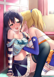Rule 34 | 2girls, absurdres, ayase eli, bare shoulders, blonde hair, blue gloves, blue hair, blue thighhighs, blush, breasts, cheerleader, couple, crop top, elbow gloves, fingerless gloves, gloves, grabbing, grabbing another&#039;s breast, groping, hair between eyes, hand under clothes, highres, indoors, kneeling, large breasts, licking, licking another&#039;s neck, locker, locker room, long hair, love live!, love live! school idol project, medium breasts, multiple girls, nanatsu no umi, open mouth, ponytail, sitting, sonoda umi, strap slip, striped clothes, striped gloves, sweat, swept bangs, takaramonozu, thighhighs, tongue, white legwear, yellow eyes, yuri