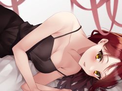Rule 34 | 1girl, artist name, artist request, bed, black dress, blush, breasts, brown eyes, brown hair, collarbone, dress, female focus, hair between eyes, highres, laying in bed, on side, long hair, looking at viewer, love live!, love live! sunshine!!, medium breasts, mikan imo (lovelive mikan), parted lips, red hair, sakurauchi riko, smile, solo, yellow eyes