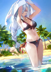 Rule 34 | 1girl, armpits, arms up, artist name, bikini, black bikini, blue sky, braid, breasts, day, genshin impact, grey eyes, grey hair, hair over one eye, jewelry, large breasts, long hair, looking at viewer, low-braided long hair, low-tied long hair, navel, necklace, outdoors, palm tree, parted lips, shenhe (genshin impact), side-tie bikini bottom, sky, solo, standing, stomach, swimsuit, sydus, tree, very long hair, wading, water