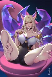Rule 34 | 1girl, absurdres, ahri (league of legends), animal ears, barefoot, blonde hair, feet, highres, k/da (league of legends), k/da ahri, league of legends, long hair, looking at viewer, multiple tails, parted lips, soles, tail, toes, xiumu bianzhou, yellow eyes
