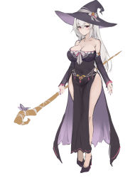 Rule 34 | 1girl, black dress, breasts, collarbone, covered navel, dress, haoni, hat, high heels, highres, holding, holding staff, large breasts, long hair, original, pelvic curtain, red eyes, ribbon, solo, staff, white hair, white ribbon, witch, witch hat