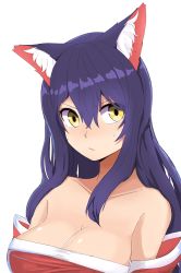 Rule 34 | 1girl, absurdres, ahri (league of legends), animal ears, bare shoulders, black hair, blush, breasts, cleavage, collarbone, detached sleeves, facial mark, fox ears, fox tail, highres, korean clothes, large breasts, league of legends, lips, long hair, looking at viewer, simple background, slit pupils, solo, sweat, tail, whisker markings, white background, yellow eyes
